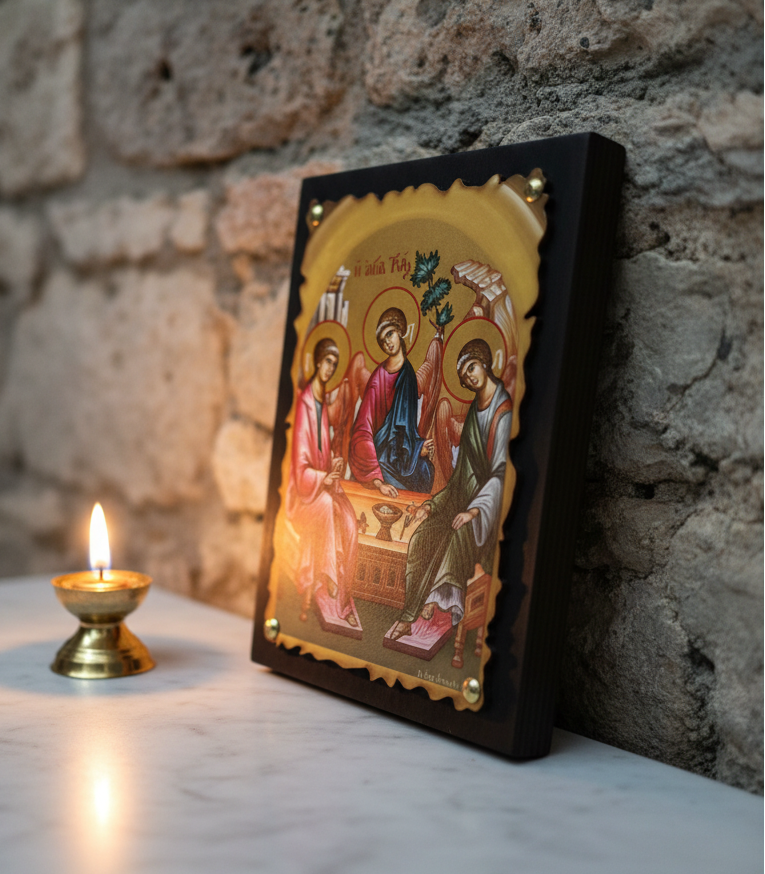 Heilige Dreifaltigkeit Ikone – Seitenansicht mit sichtbarem Wellenrand und Holztiefe, orthodoxe Ikonenarbeit aus Griechenland