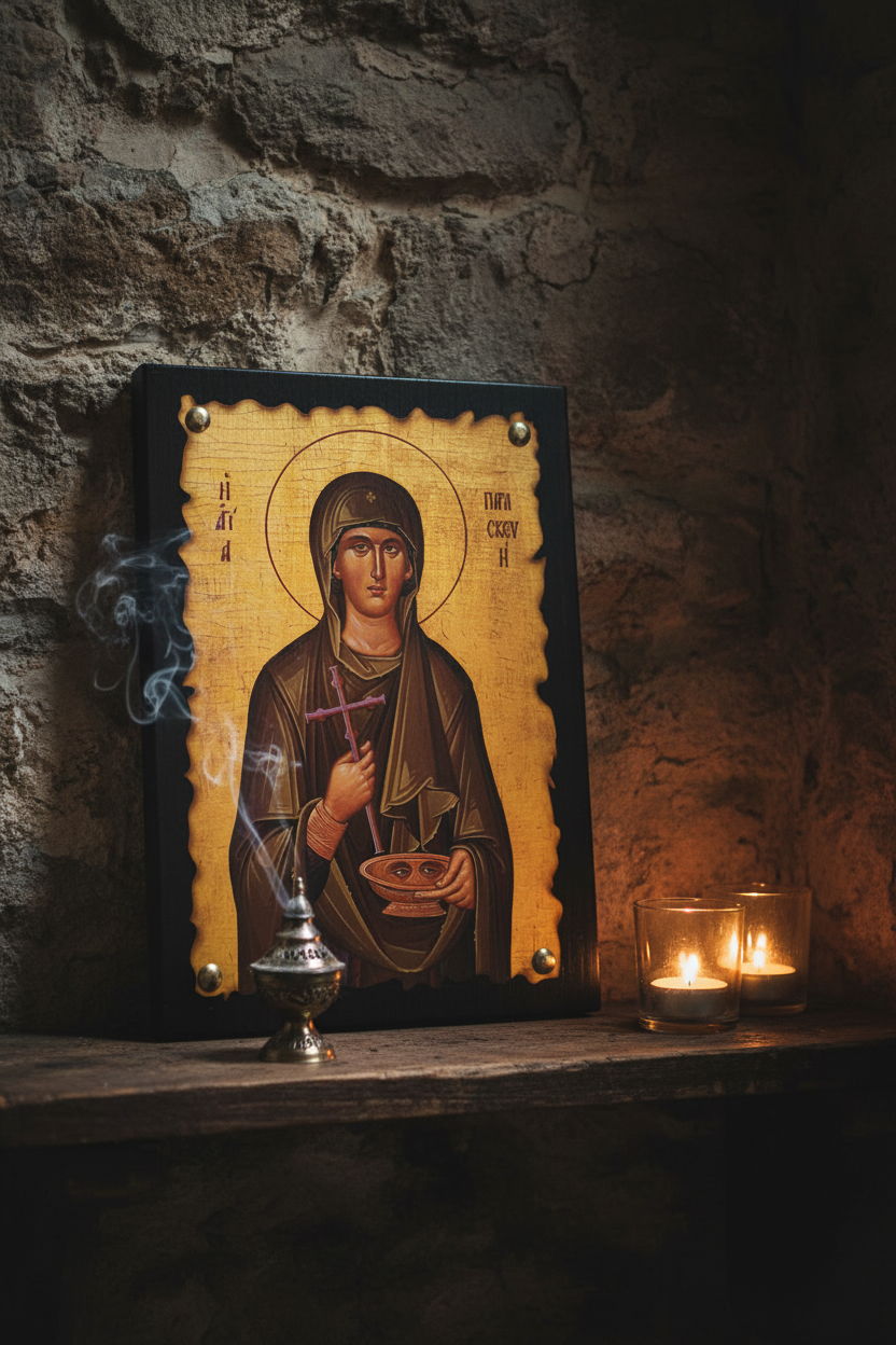 Orthodoxe Ikone Heilige Paraskevi im Kerzenlicht – byzantinische Atmosphäre
