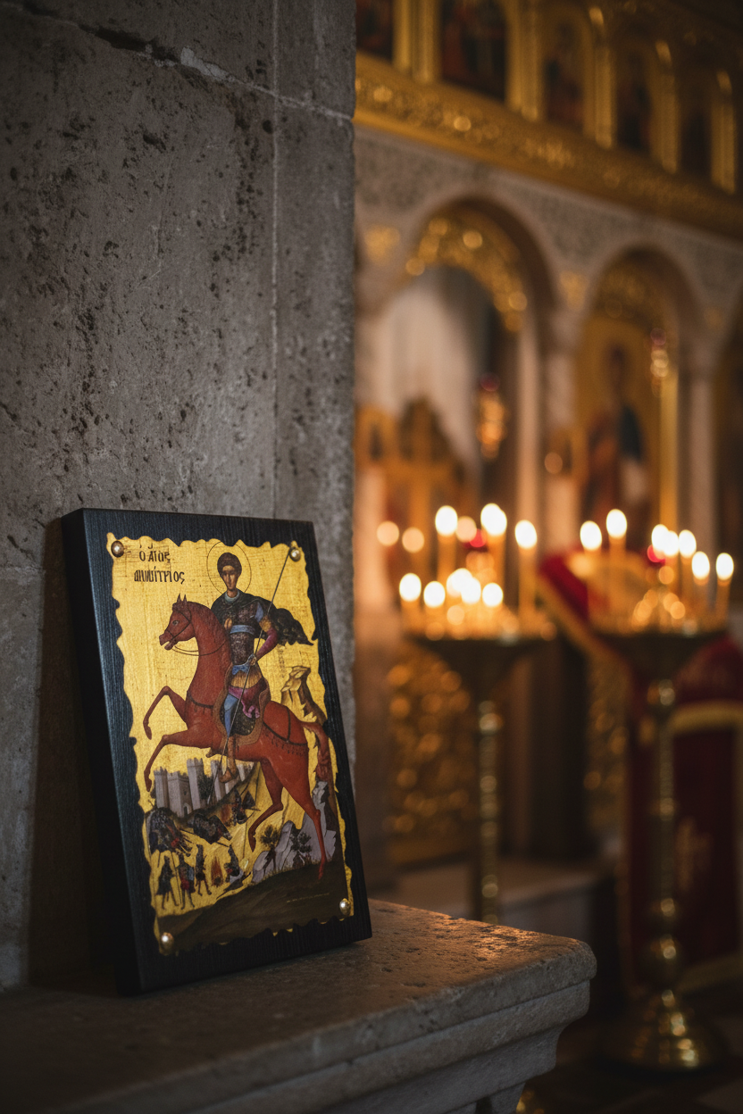 Orthodoxe Ikone Heiliger Dimitrios – Seitenansicht, byzantinische Holzikone mit Wellenrand, handgemalt
