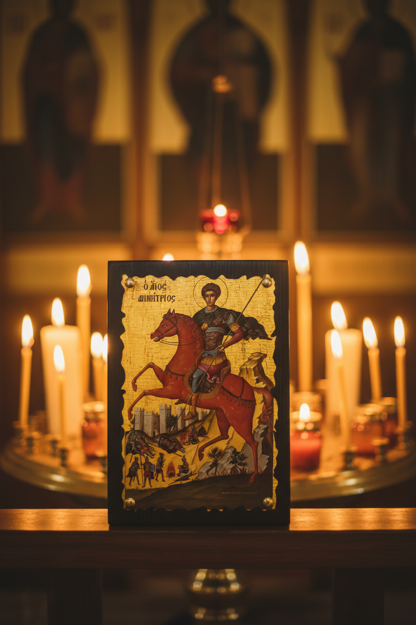 Orthodoxe Holzikone Heiliger Dimitrios (Agios Dimitrios) – Frontansicht im Kirchenambiente mit Kerzenlicht
