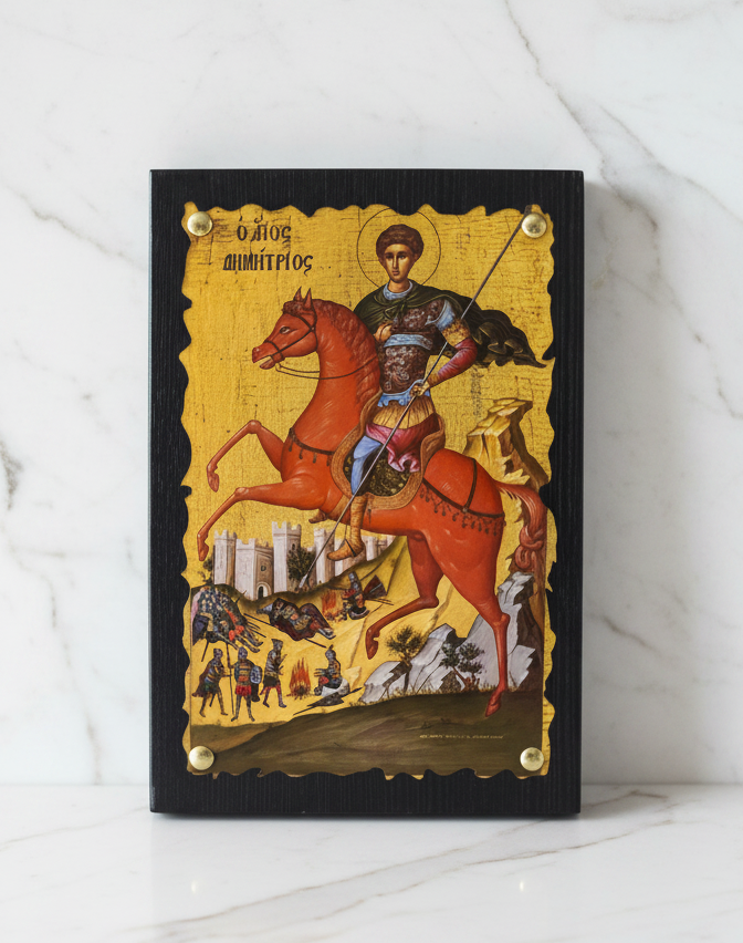 Byzantinische Holzikone Heiliger Dimitrios (Agios Dimitrios) – 20x14cm, handgemalt, Griechenland
