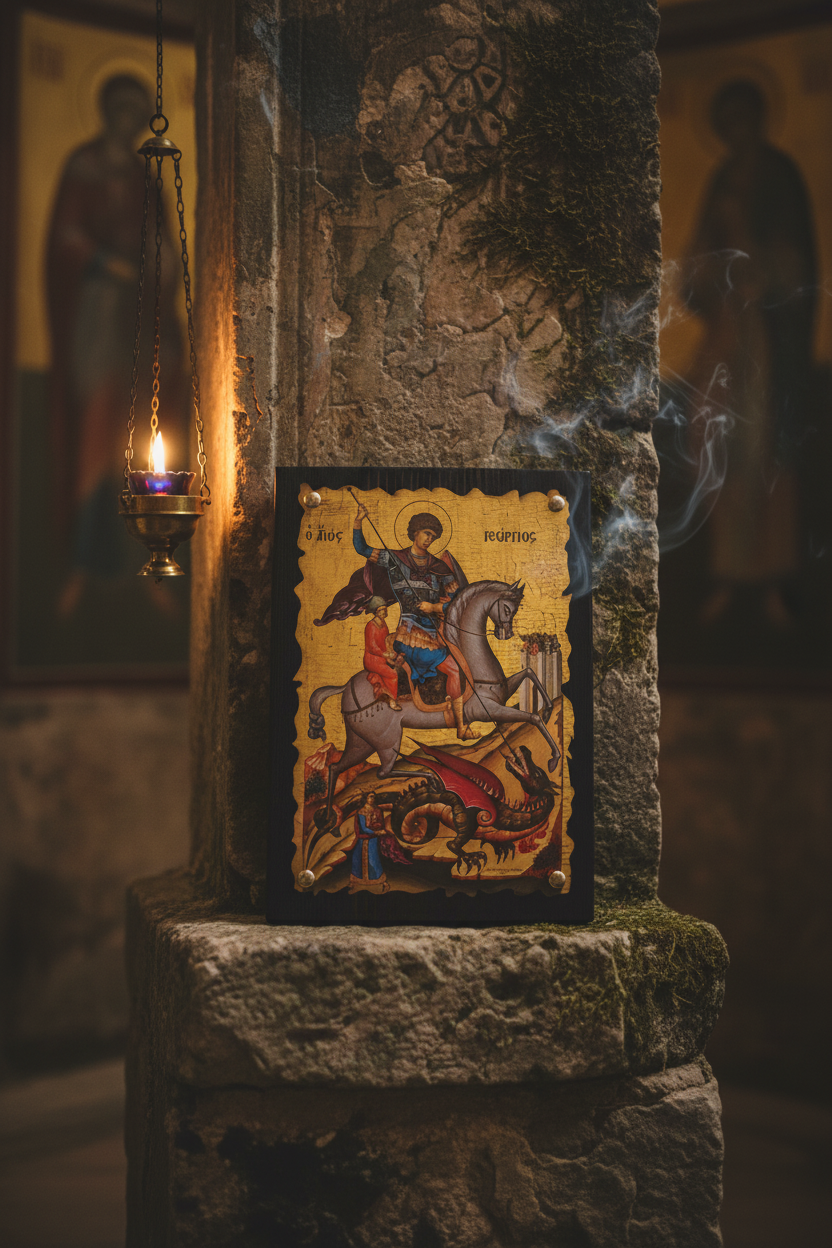 Orthodoxe Ikone Heiliger Georgios (Agios Georgios) – Drachentöter, byzantinische Ikonenarbeit aus Griechenland