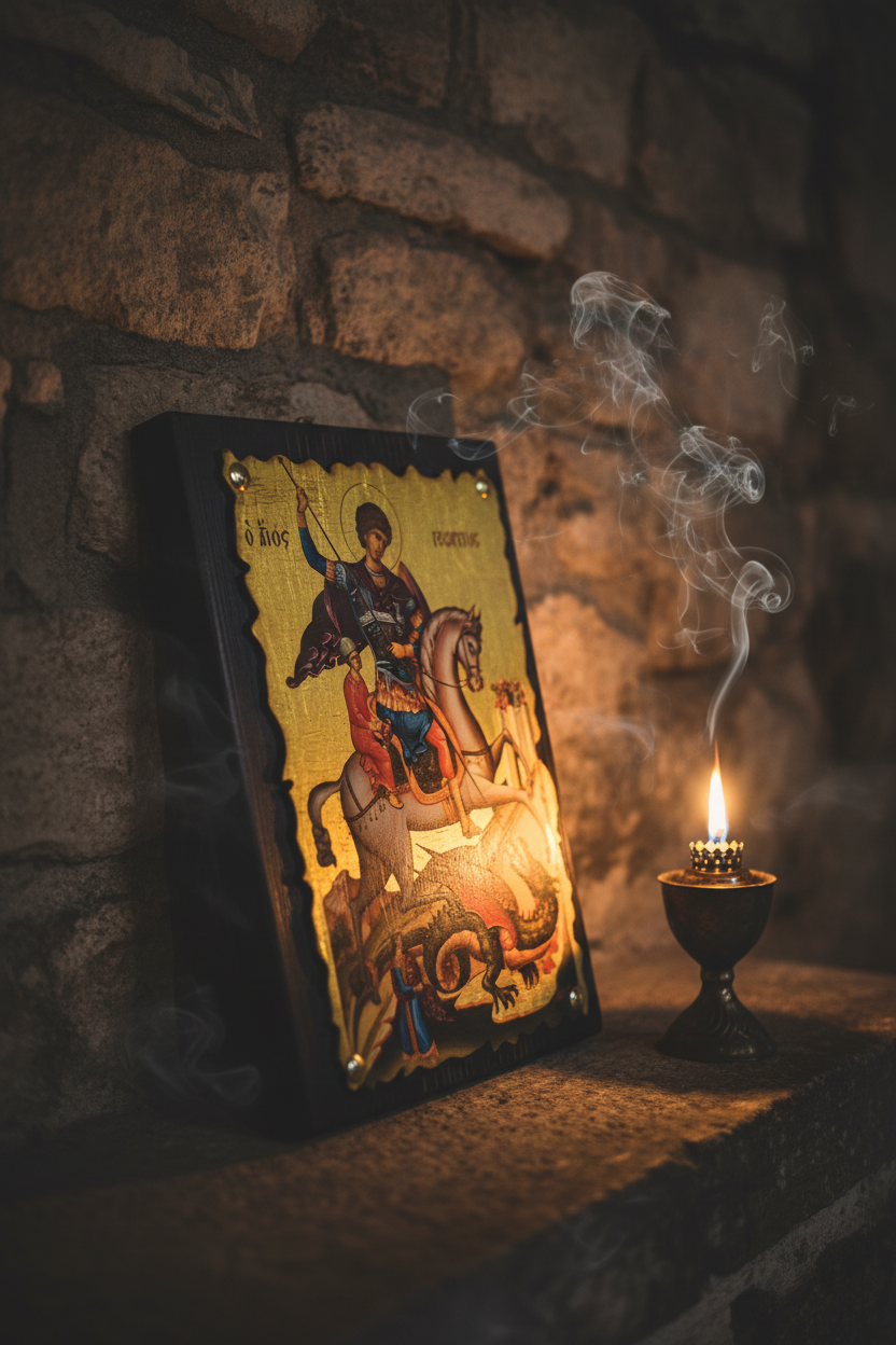 Heiliger Georgios Ikone – Seitenansicht mit sichtbarem Wellenrand und Holztiefe, orthodoxe Ikonenarbeit aus Griechenland