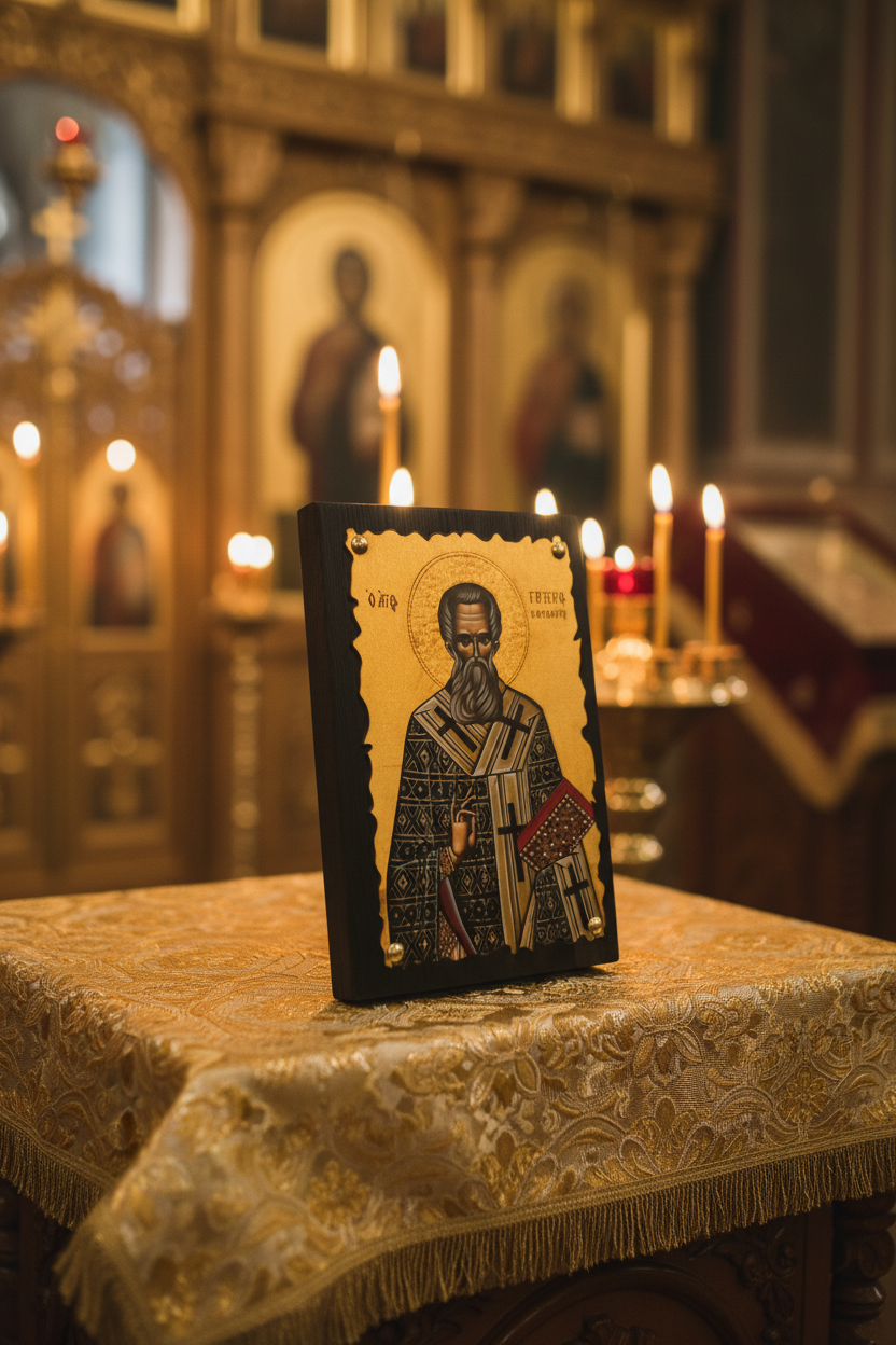 Orthodoxe Ikone Heiliger Gregor der Theologe – Seitenansicht, byzantinische Holzikone mit Wellenrand, handgemalt