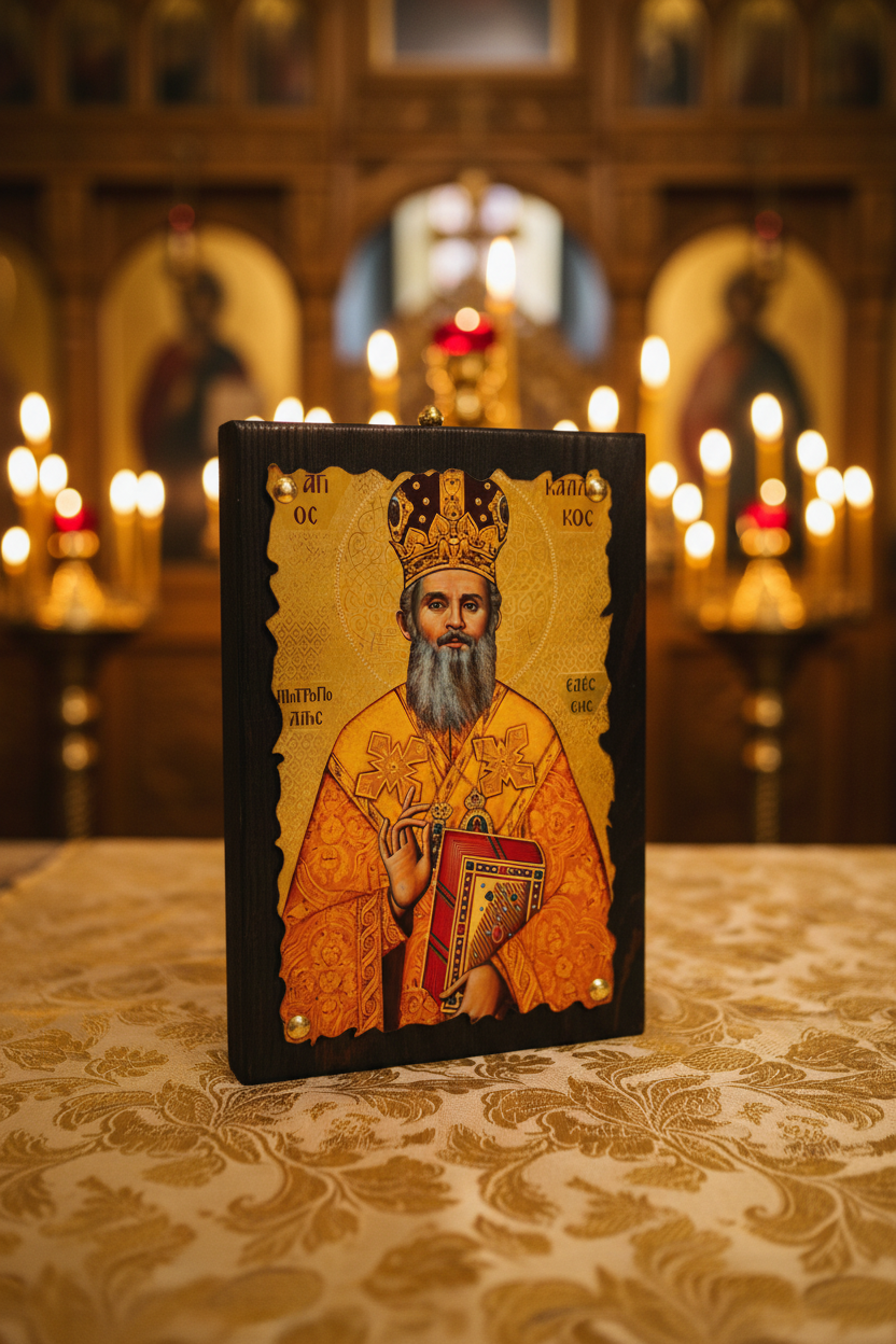Orthodoxe Ikone Heiliger Kallinikos von Edessa – Seitenansicht, byzantinische Holzikone mit Wellenrand, handgemalt