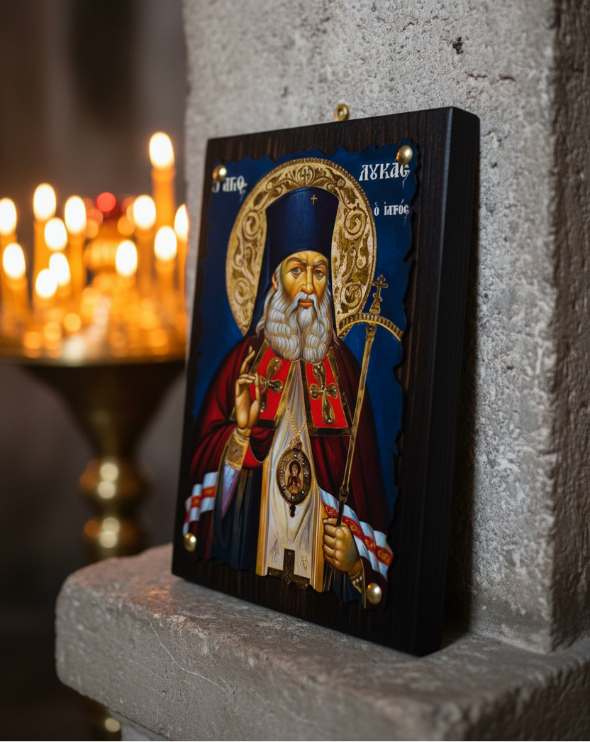 Orthodoxe Ikone Heiliger Lukas der Arzt – Seitenansicht, byzantinische Holzikone mit Wellenrand, handgemalt
