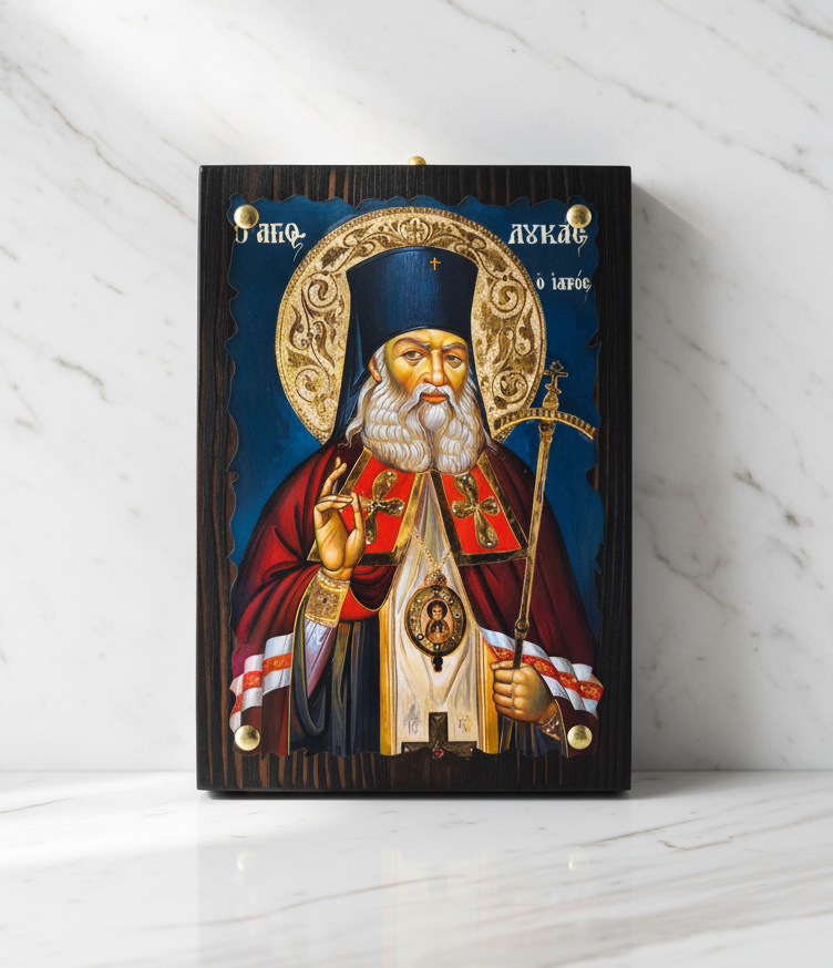 Byzantinische Holzikone Heiliger Lukas der Arzt von Simferopol (Agios Loukas) – 20x14cm, handgemalt, Griechenland