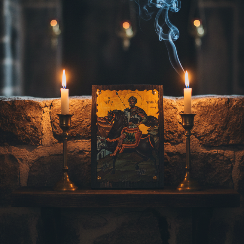 Orthodoxe Ikone Heiliger Minas der Reiter im Kerzenlicht – byzantinische Atmosphäre
