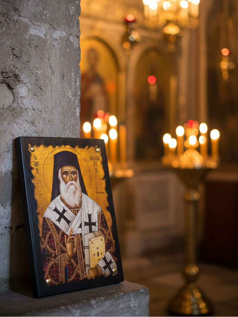 Orthodoxe Ikone Heiliger Nektarios von Ägina – Frontansicht im Kirchenambiente mit Kerzenlicht, byzantinische Holzikone