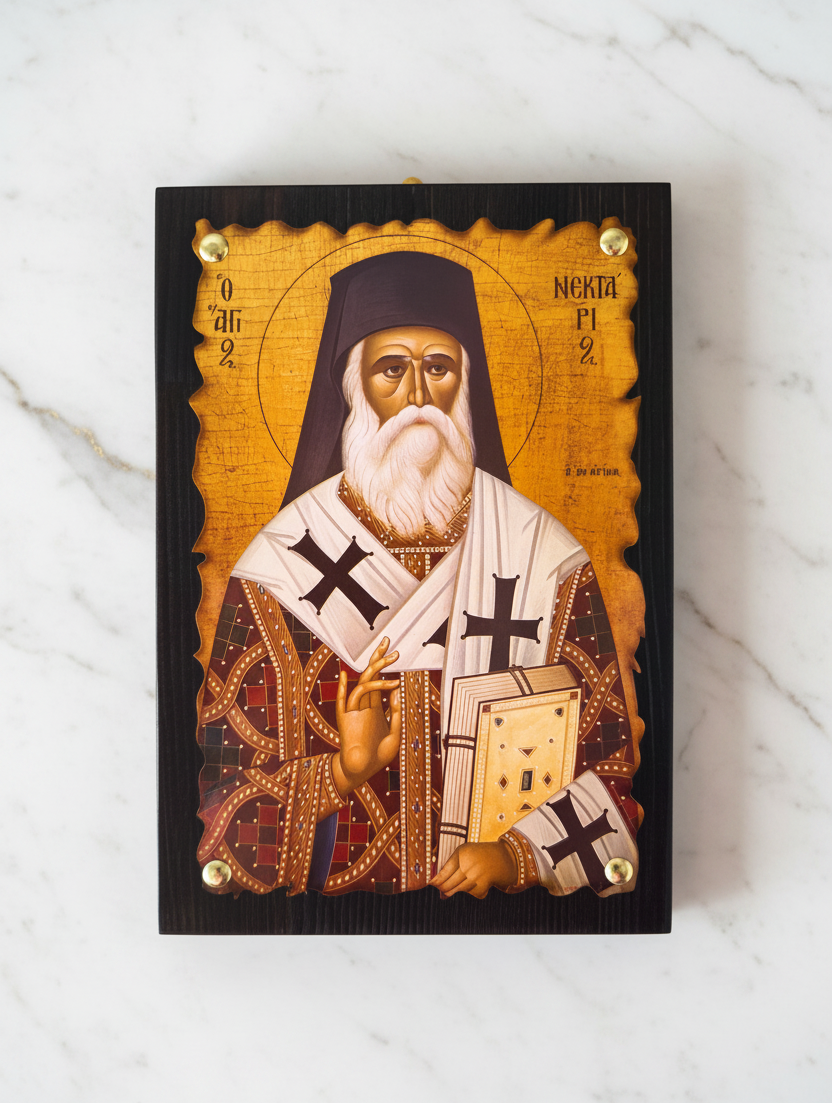 Byzantinische Holzikone Heiliger Nektarios von Ägina (Agios Nektarios) – 20x14cm, handgemalt, Griechenland