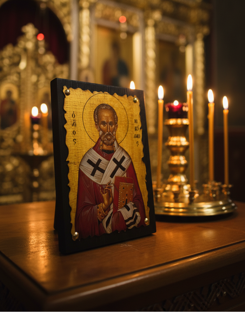 Orthodoxe Ikone Heiliger Nikolaos von Myra – Frontansicht im Kirchenambiente mit Kerzenlicht, byzantinische Holzikone