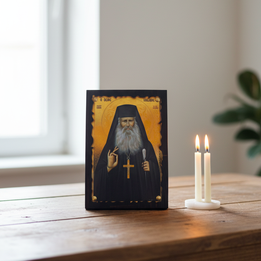 Orthodoxe Ikone Heiliger Iakovos Tsalikis im natürlichen Tageslicht – häuslicher Gebetsplatz