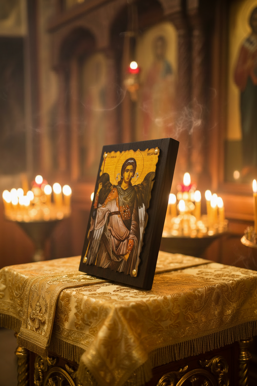 Ikone Erzengel Michael – Kirchenambiente auf goldenem Brokat