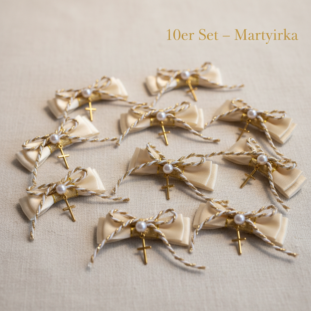 Martyrika Taufanstecker handgefertigt – 10er Set mit Satinschleife, Perle und Goldkreuz, cremeweiß-gold