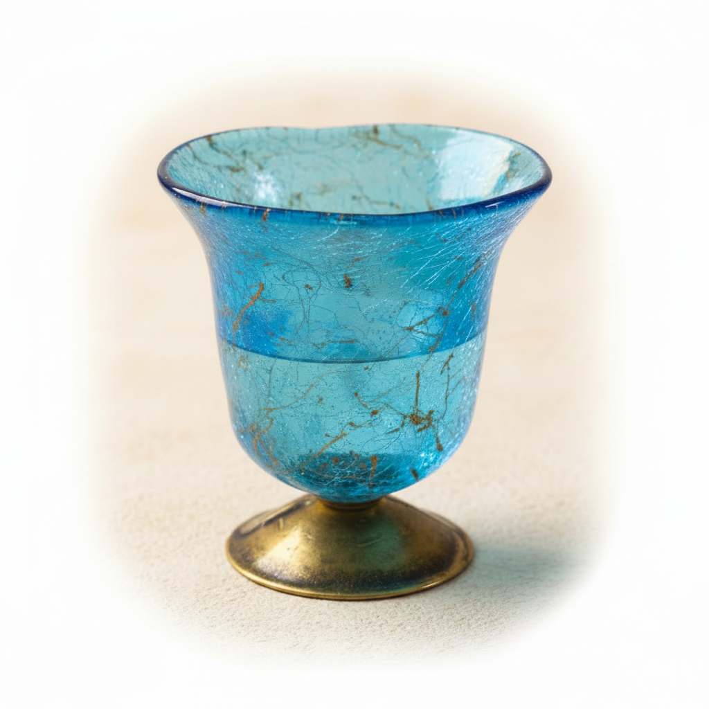 Orthodoxes Kandili in Meeresblau – mundgeblasenes Craquelé-Glas mit Goldfäden und Messingfuß