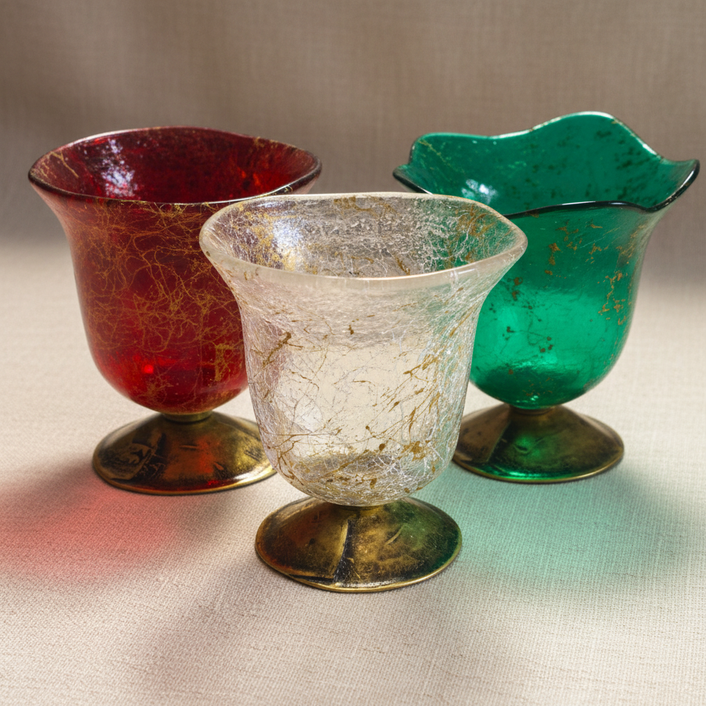 Drei orthodoxe Kandili aus mundgeblasenem Craquelé-Glas mit Goldfäden – Rot, Transparent und Grün auf Messingfuß