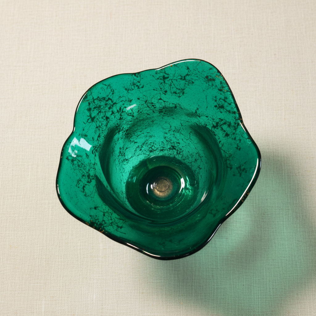 Kandili Smaragdgrün – Draufsicht ins Craquelé-Glas mit Goldfäden, wellenförmiger Rand