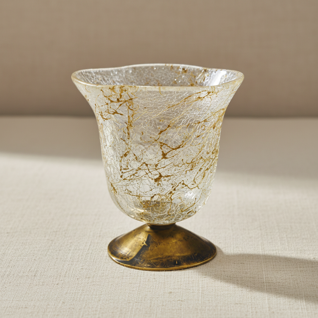 Orthodoxes Kandili in Klar/Transparent – mundgeblasenes Craquelé-Glas mit Goldfäden und Messingfuß