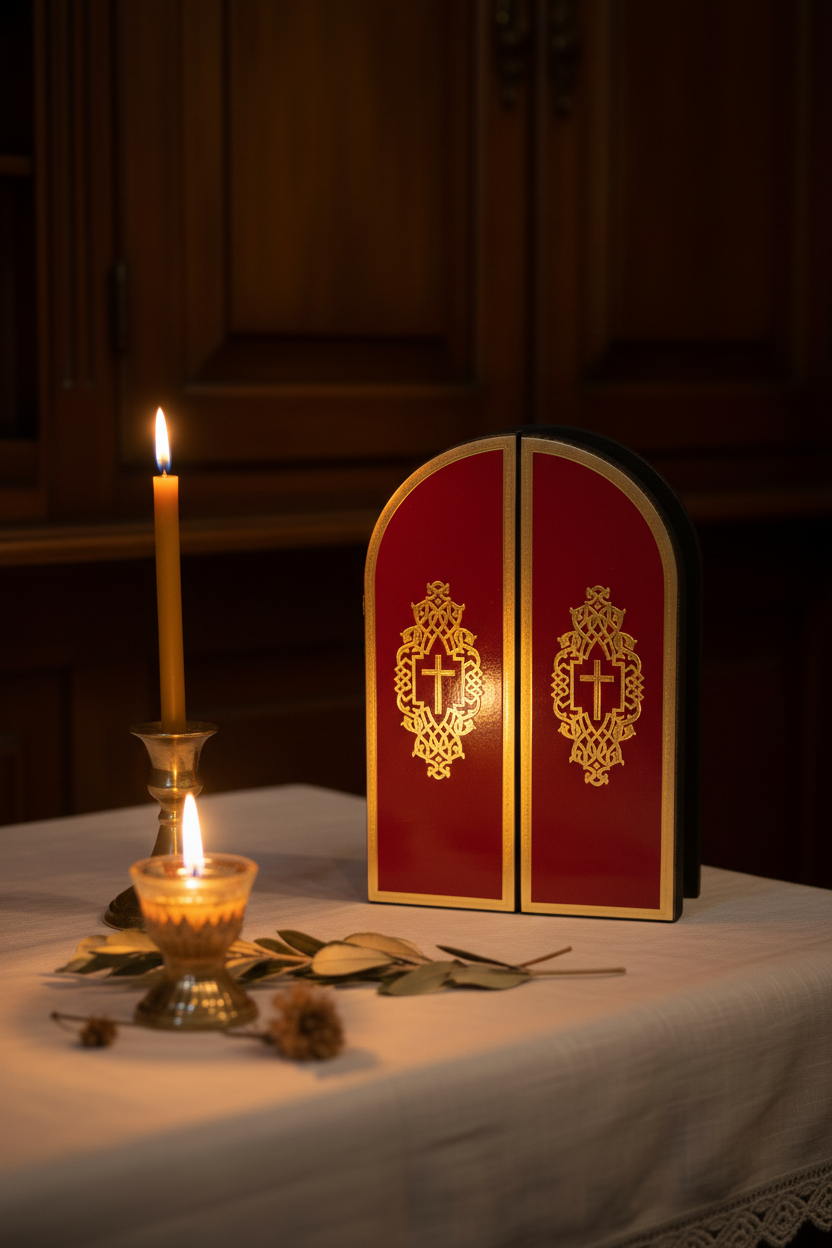 Triptychon-Ikone geschlossen– Gottesmutter Eforos vom Berg Athos mit Erzengeln Michael und Gabriel