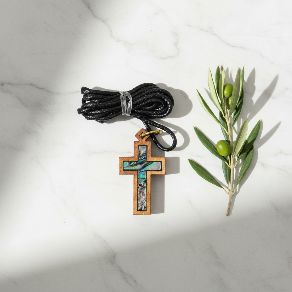 Kreuz-Anhänger aus Olivenholz mit Abalone-Perlmutt-Inlay