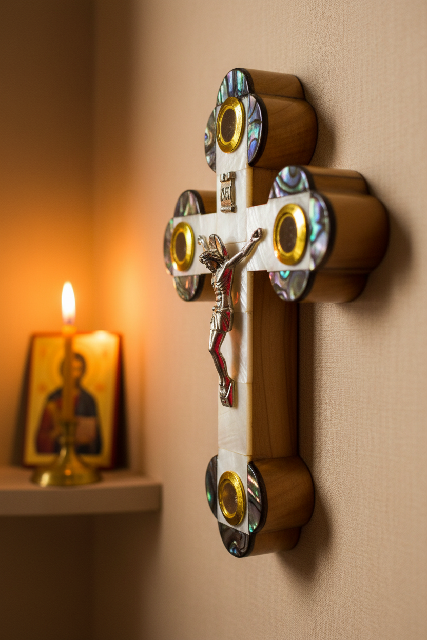 Wandkreuz Olivenholz & Perlmutt aus Bethlehem – an der Wand in orthodoxer Hausaltarecke mit Kerze