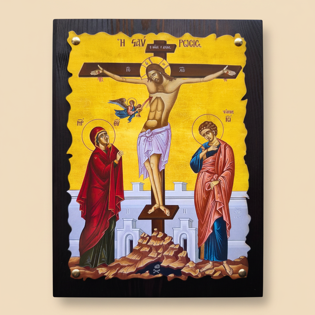 rthodoxe Ikone Kreuzigung Christi, Vorderansicht auf cremefarbenem Hintergrund, 26 × 20 cm
