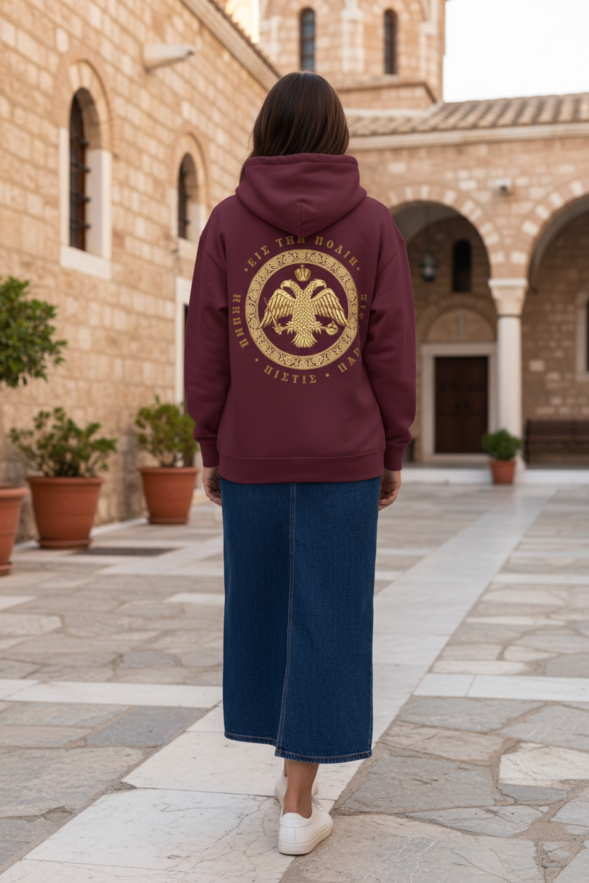 Classic Byzantine Hoodie – Doppeladler mit griechischem Siegel-Schriftzug – Versandkostenfrei
