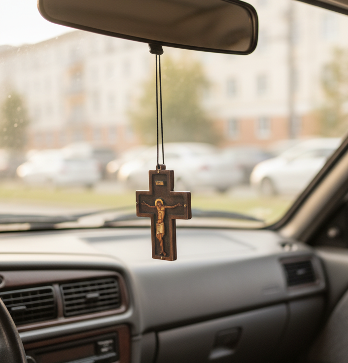 Orthodoxes Hängekreuz im Auto – bescheidenes Modell