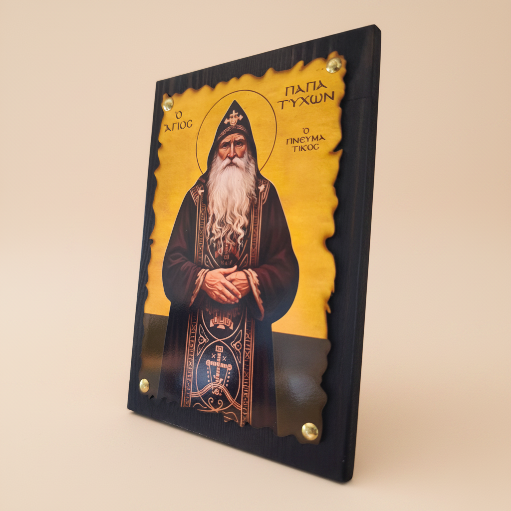  Orthodoxe Ikone Papa Tychon der Russe – Seitenansicht mit Wellenrand und Messingnägeln