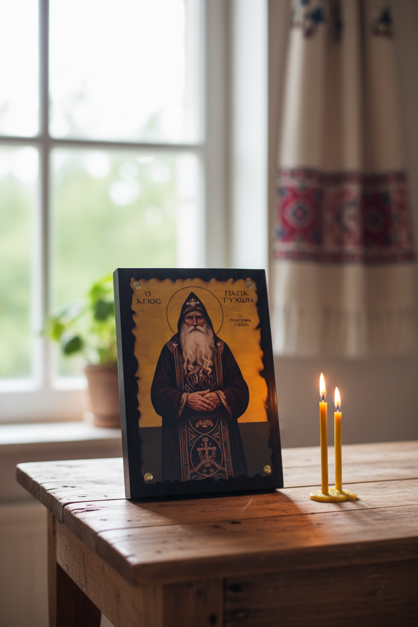 PapaOrthodoxe Ikone Papa Tychon der Russe im natürlichen Tageslicht – häuslicher Gebetsplatz