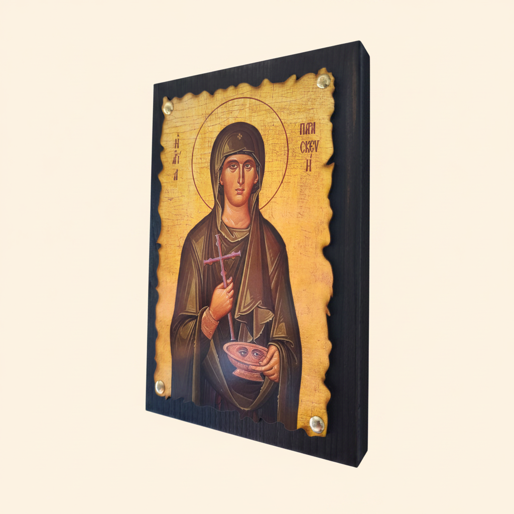 Orthodoxe Ikone Heilige Paraskevi – Seitenansicht mit Wellenrand und Messingnägeln