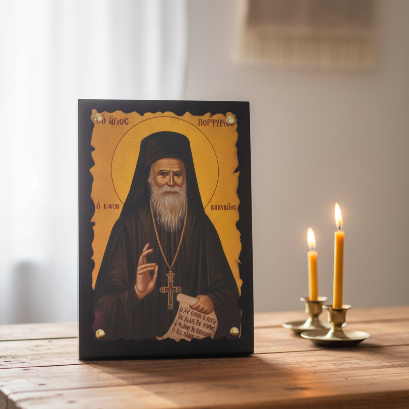 Orthodoxe Ikone Heiliger Porphyrios Kavsokalyvitis im natürlichen Tageslicht – häuslicher Gebetsplatz