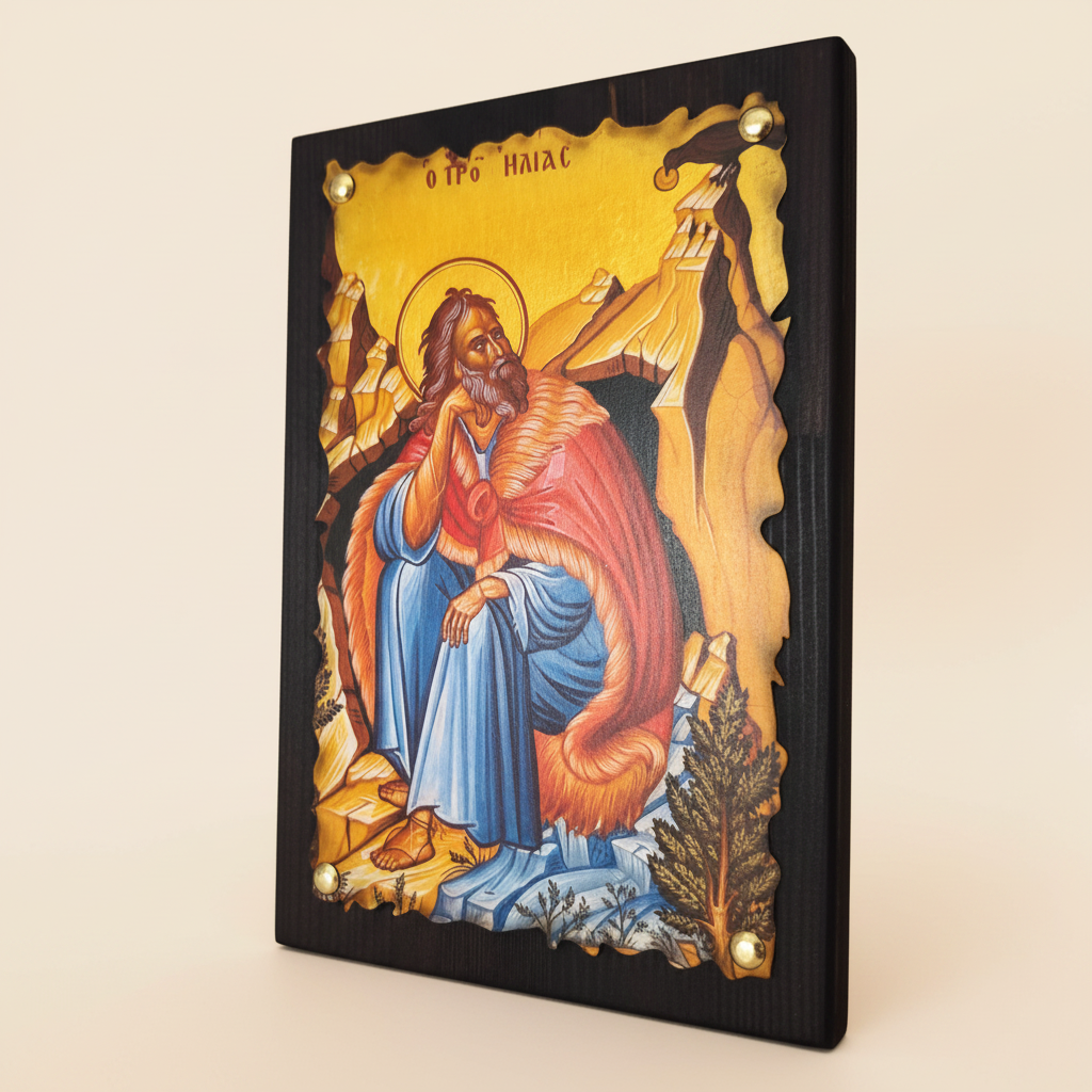 Orthodoxe Ikone Prophet Elias – Seitenansicht mit Wellenrand und Messingnägeln