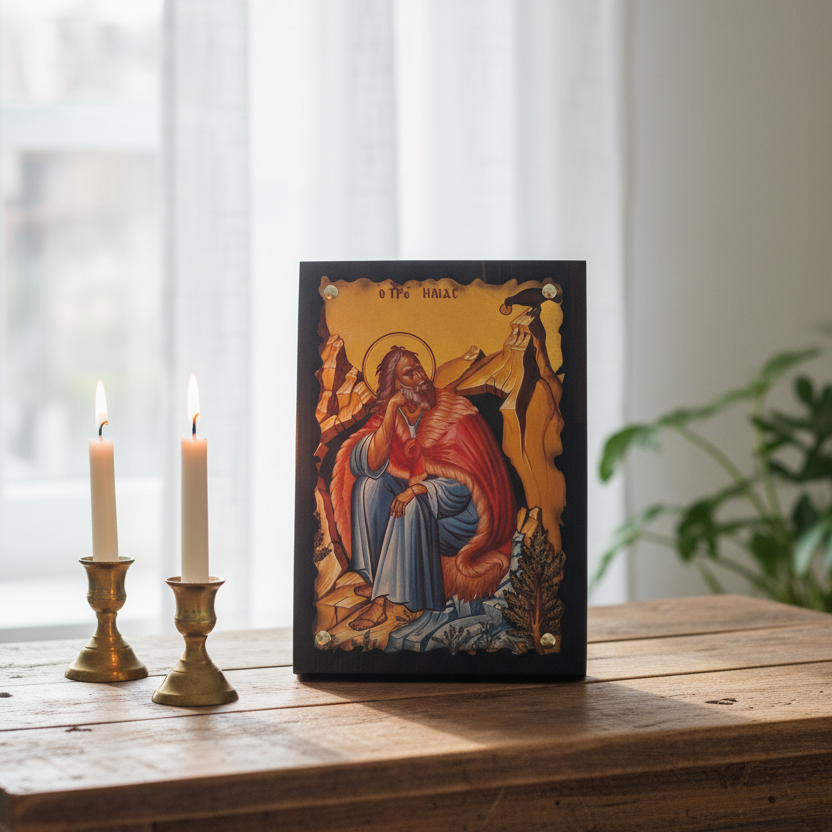 Orthodoxe Ikone Prophet Elias im natürlichen Tageslicht – häuslicher Gebetsplatz