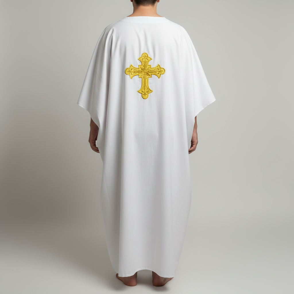 Weißes Unisex-Taufgewand im Kaftanschnitt mit kleinem goldenem Rückenkreuz, Rückansicht