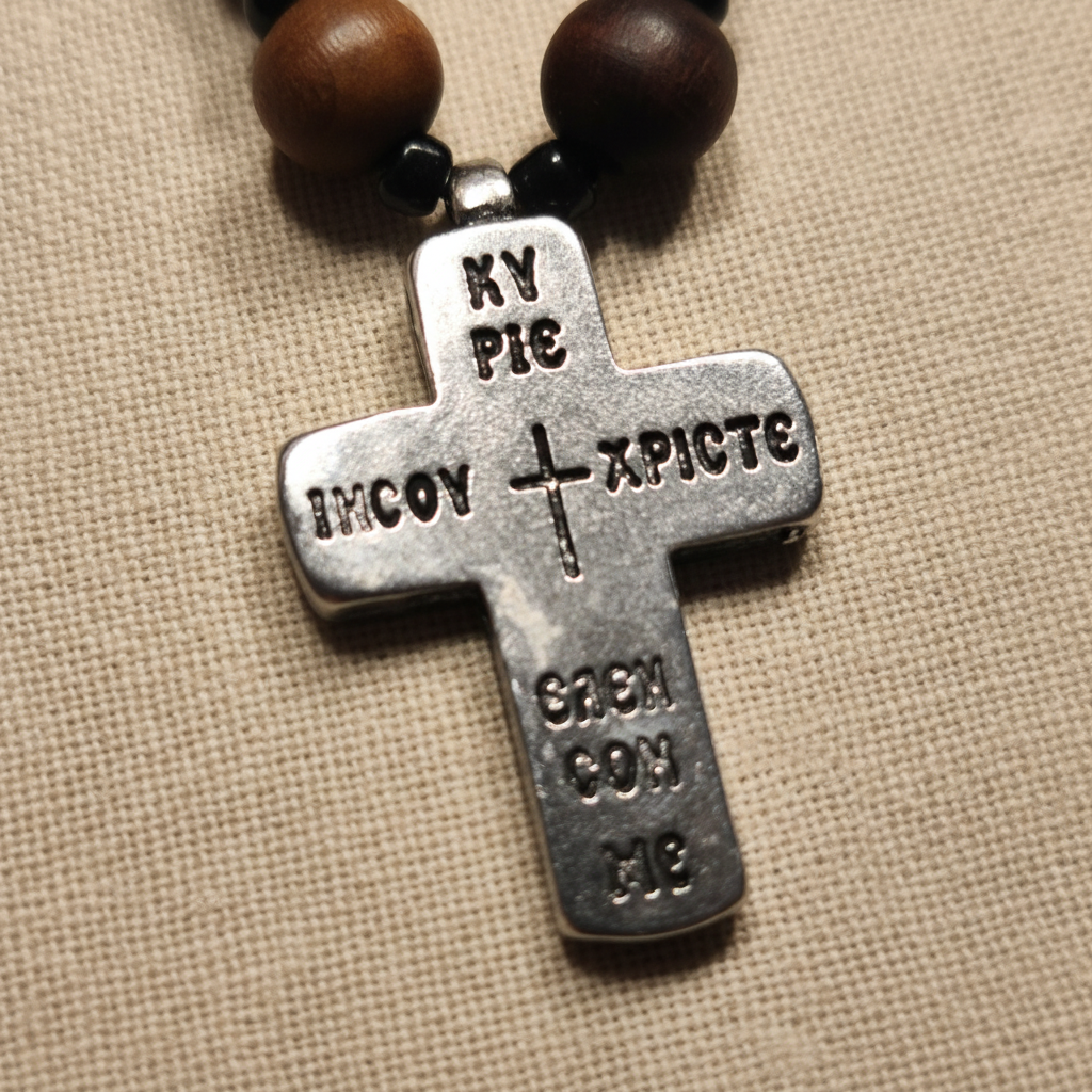 Rückseite des Kreuzes der orthodoxen Gebetskette mit griechischer Inschrift ΚΥΡΙΕ ΙΗΣΟΥ ΧΡΙΣΤΕ ΕΛΕΗΣΟΝ ΜΕ – das Jesusgebet, auf Leinenstoff
