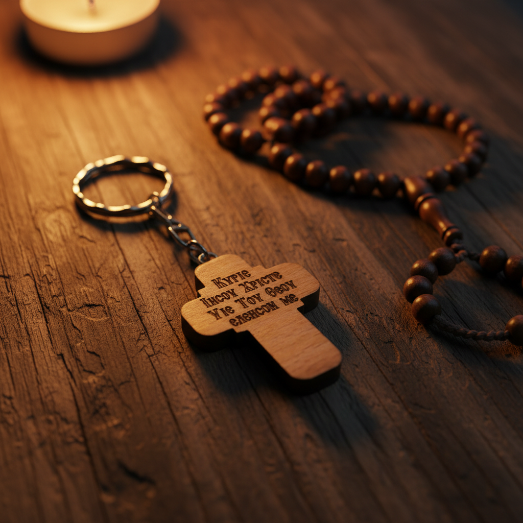 Orthodoxer Holzkreuz-Schlüsselanhänger mit Jesusgebet, auf dunklem Holz mit Kerzenlicht und Gebetskette, stimmungsvolle Atmosphäre