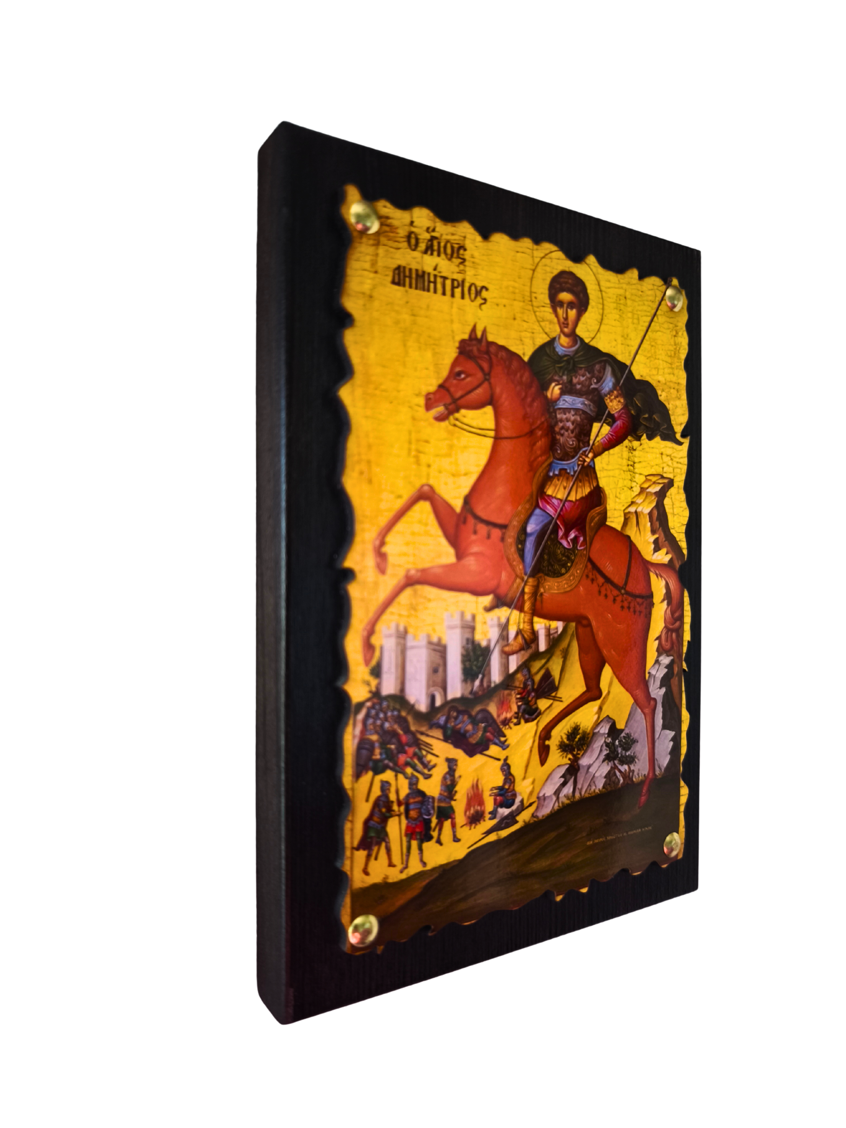 Orthodoxe Holzikone Heiliger Dimitrios (Agios Dimitrios) – Seitenansicht freigestellt, 2cm Trägerholz
