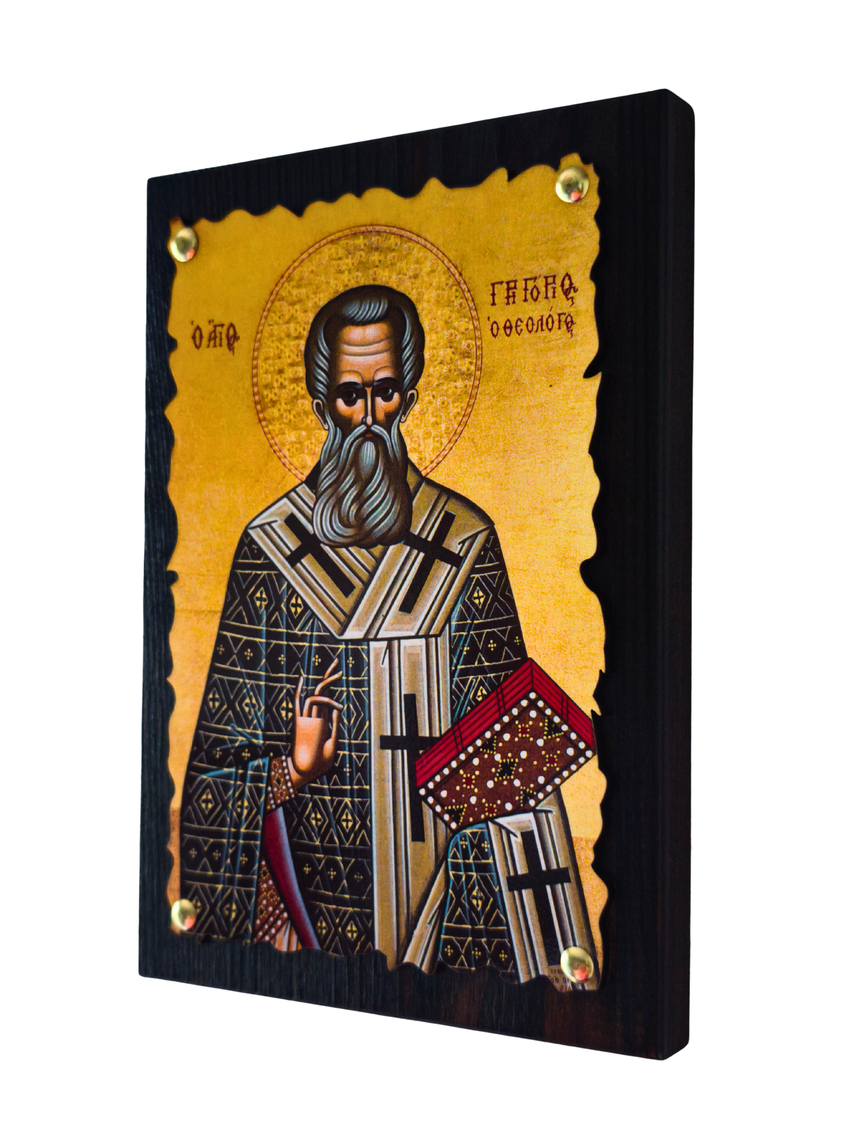 Orthodoxe Holzikone Heiliger Gregor der Theologe (Agios Grigorios) – Seitenansicht freigestellt, 2cm Trägerholz