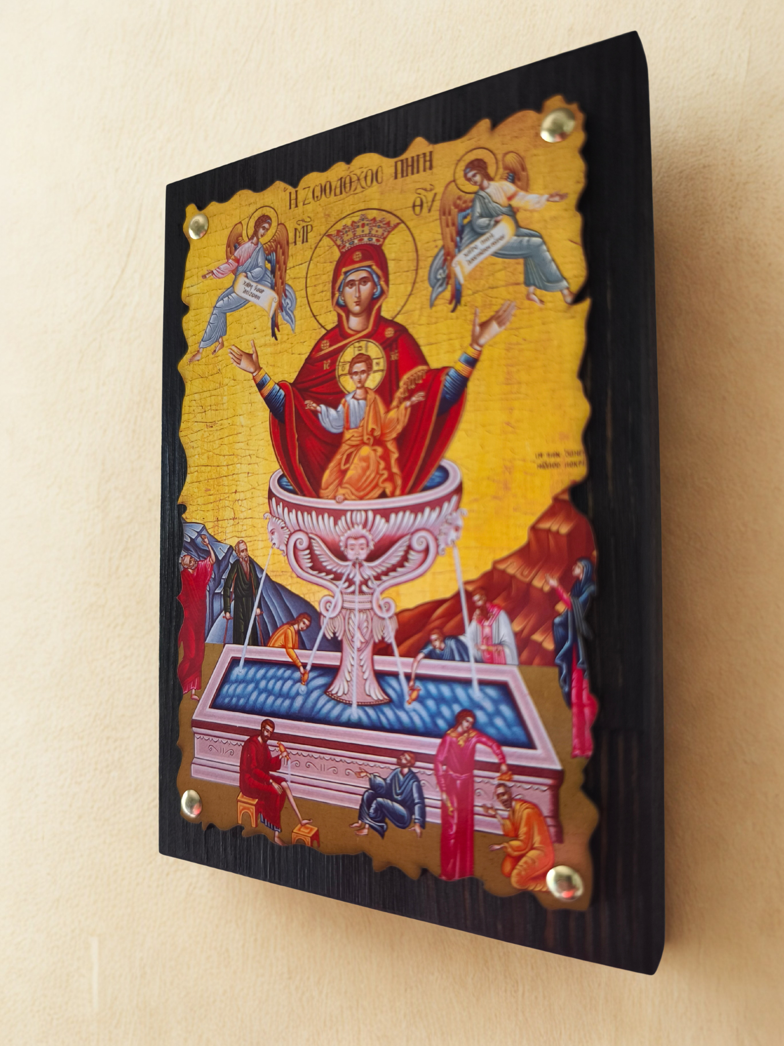 Orthodox Icon "Life-Giving Spring" (Zoodochos Pigi) - Byzantine Iconography with Decorative Nails