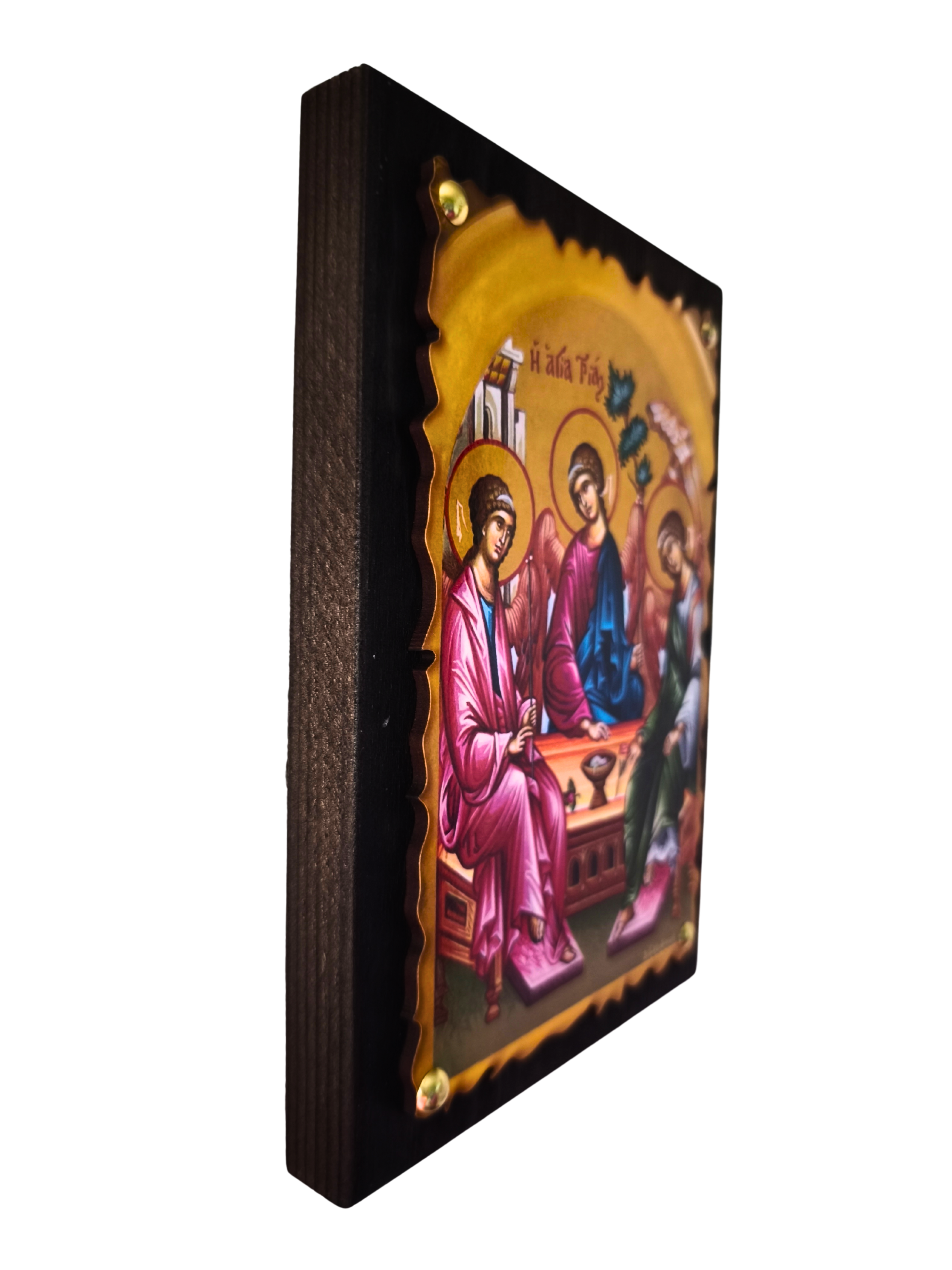 Orthodoxe Holzikone Heilige Dreifaltigkeit – Detailansicht Wellenrand und Messingnägel, byzantinische Handwerksarbeit
