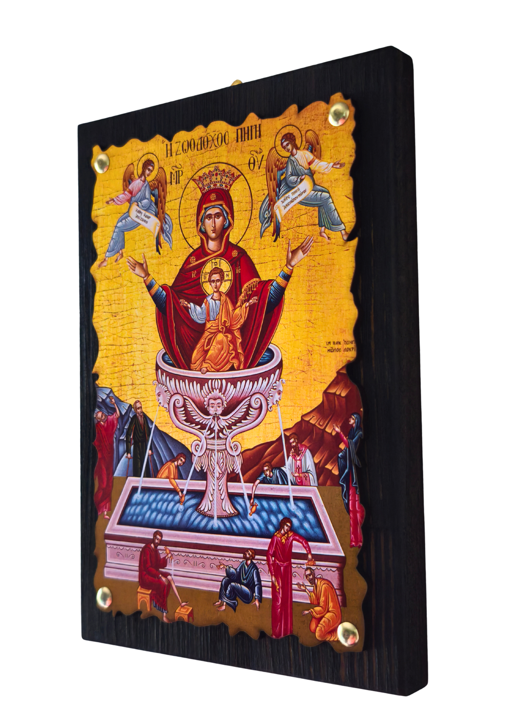 Ikone Zoodochos Pigi – Seitenansicht byzantinische Holzikone mit Wellenrand und Messingnägeln