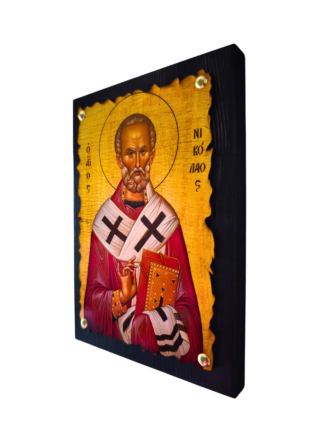 Orthodoxe Ikone Heiliger Nikolaos von Myra – Seitenansicht freigestellt, 2cm Trägerholz mit Wellenrand