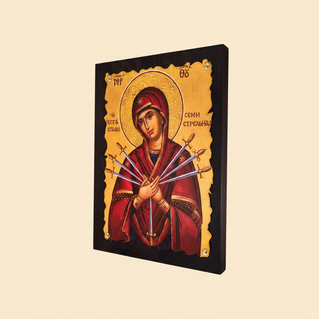 Orthodoxe Ikone Gottesmutter der Sieben Schwerter – Seitenansicht, dunkler Holzträger mit Wellenrand und Messingnägeln