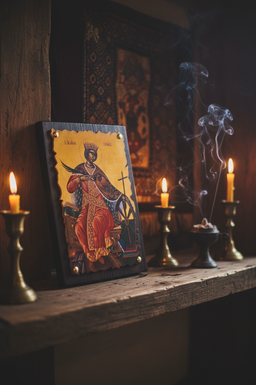 Orthodoxe Ikone Heilige Aikaterina von Alexandria im Kerzenlicht – byzantinische Atmosphäre