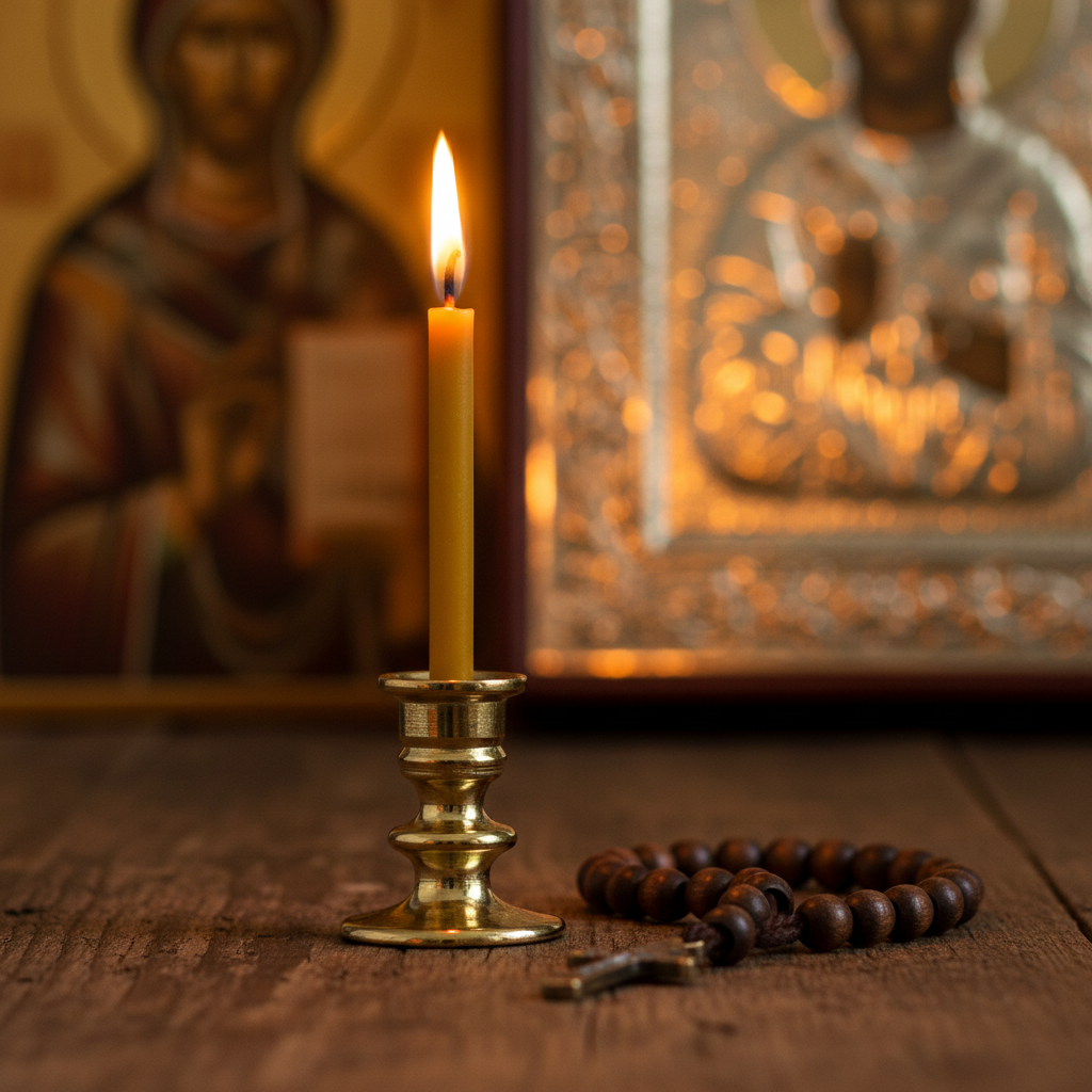 Mini-Messingkerzenhalter mit brennender orthodoxer Bienenwachskerze, atmosphärisches Kerzenlicht, dunkler Holzuntergrund, spirituelle Stimmung