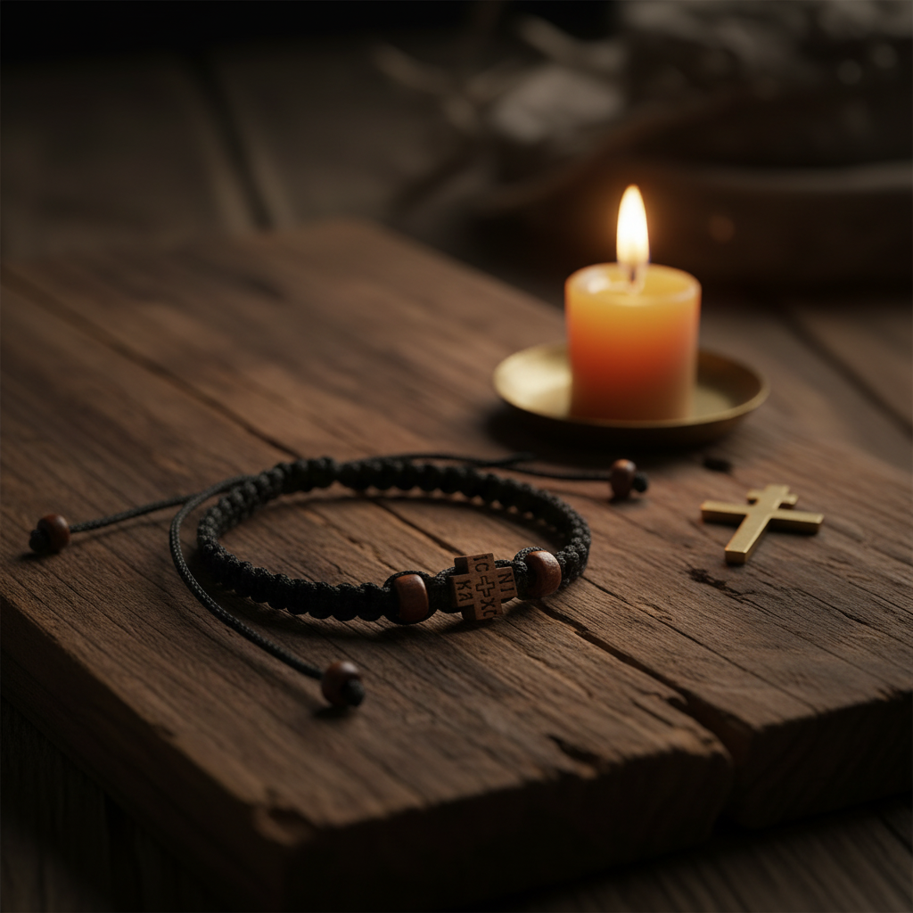 Orthodoxes Makramee-Armband auf Holzoberfläche mit Kerze – Komboskini-Stil, Holzkreuz IC XC NIKA, spirituelle Atmosphäre