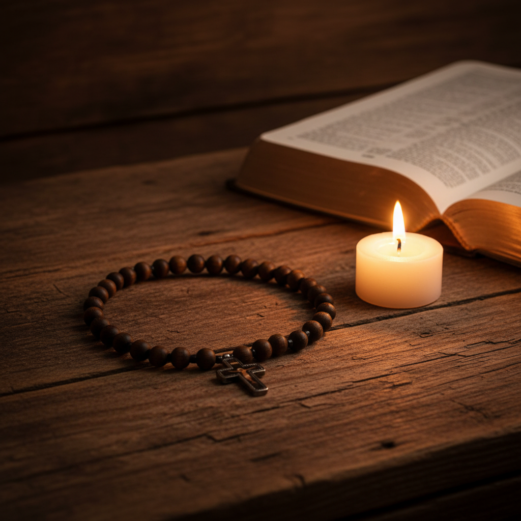 Orthodoxe Chotki Gebetskette auf Holztisch neben brennender Kerze, spirituelle Atmosphäre im Kerzenlicht