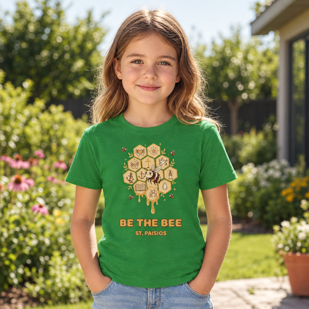 Teenager-Mädchen im grünen Be-the-Bee-Shirt im Garten