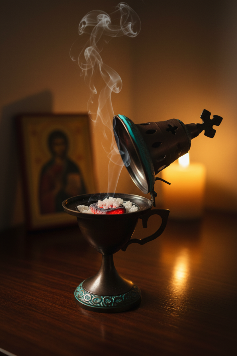 Orthodoxes Thymiaterion mit glühender Kohle und Weihrauch – Hausaltar Atmosphäre, Antik-Metall